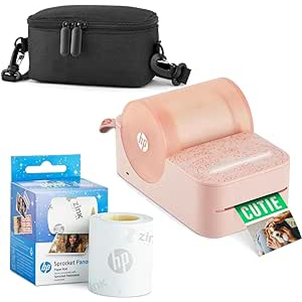 HP Sprocket Panorama Instant Portable Starter Pack krāsu uzlīmju un fotoattēlu printeriem (rozā krāsā) ar korpusa cinka rullīti