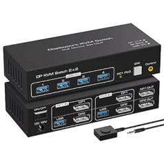 VPFET 8K60Hz DisplayPort KVM Switch 2 PC 2 Monitors 4K120Hz Dual Monitor DP 1.4 Slēdži 2 datoriem Kopīgojiet 4 USB 3.0 ierīces ar 2 USB 3.0 kabeli un galddatora kontrolieri