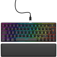 uRage Exodus 760 mehāniskā mini spēļu tastatūra ar noņemamu plaukstas balstu, pilns RGB apgaismojums, spēļu programmatūra, kompakts formāts, Outemu sarkanie slēdži, QWERTZ izkārtojums, melns