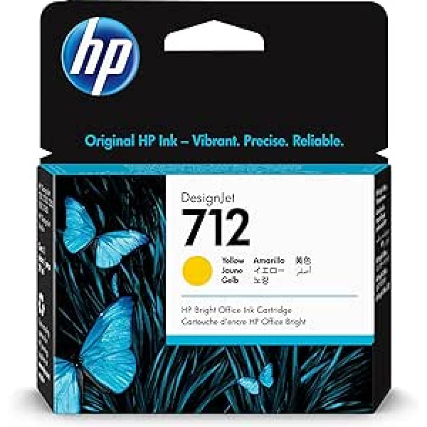 HP 712 dzeltena 29 ml oriģinālā printera kasetne (3ED69A) ar oriģinālo HP tinti DesignJet T650, T630, T250, T230 un Studio sērijas lielformāta printeriem un HP 713 DesignJet drukas galviņai