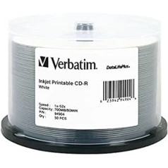 Verbatim DataLifePlus CD-R 700 MB, 52 x Tintenstrahldrucker, Weiß, 50 Stück