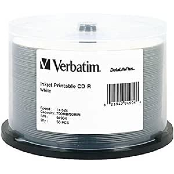 Verbatim DataLifePlus CD-R 700 MB, 52 x Tintenstrahldrucker, Weiß, 50 Stück