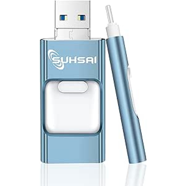 Suhsai 128 GB USB Stick USB 3.0 Flash Drive, High Speed Pendrive, 4 in 1 Multifunctional USB Flash Drive, Portable USB Stick, Photo Stick, External Memory for iPhone, iPad, Android, Tablet (Blue)