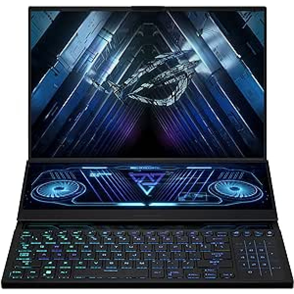 ASUS ROG Zephyrus Duo 16 spēļu klēpjdators | 16 collu QHD+ 240Hz/3ms pretatspīduma IPS displejs | AMD Ryzen 9 7945HX | 32 GB RAM | 2 TB SSD | NVIDIA RTX 4090 | Windows 11 | QWERTZ tastatūra | Melns