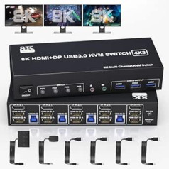 8K@60Hz ekrano prievadas +2 HDMI USB 3.0 KVM jungiklis 3 monitoriai 4 kompiuteriai DP 1.4 + HDMI 2.1 4 prievadų KVM jungiklis Trigubas monitorius su garso mikrofono išvestimi ir 3 USB 3.0 prievadų trigubo monitoriaus jungiklis