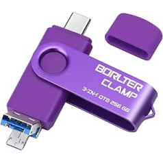 256GB USB Stick 3 in 1 for Android Phones, BorlterClamp OTG USB 3.0 Flash Drive Memory Stick with 3 USB Ports (USB Type-C/microUSB/USB-A) for Samsung Galaxy, Laptops and More (Purple)