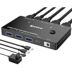 8K HDMI KVM jungiklis 2 kompiuteris 1 monitorius 8K @ 60 Hz 4K @ 120 Hz, KVM jungikliai su HDMI 2.1 ir 4 USB 3.0 prievadais 2 kompiuterių bendrinimui 1 monitorius ir klaviatūra, pelė, su maitinimo šaltiniu, kabelinis nuotolinio valdymo pultas ir 2 USB