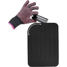 Aft90 Heat Resistant Glove with Heat Resistant Mat for Curling Iron, Hair Straightener, Straightener, Silicone Bum Glove, 9 x 6.5 inch, Food Grade Silicone Mat, Black
