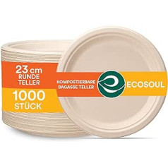 ECO SOUL apaļas 9 collas (23 cm) Bagasse papīra šķīvju komplekts bēšs (1000 gab.) Vienreizējās lietošanas galda piederumi un 100% kompostējami, videi draudzīgi ballīšu trauki, izturīgi kempinga trauki, mikroviļņu krāsns