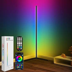 TRUMPETS LED grīdas lampa Dzīvojamā istaba 165 cm, RGB stūra lampa aptumšojama ar tālvadības pulti un lietotni, 16 miljoni krāsu, mūzikas režīmi, DIY režīms un laika funkcija guļamistabai (ar adapteri)