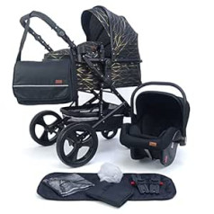 Pixini Pushchair Kalani 3-in-1 Combination Pram, includes Baby Carrycot, Buggy, Car Seat and Changing Bag/Cupholder/Rain Cover (Oxford with Print Gold Line)