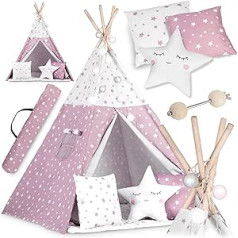 NUKIDO Montessori Style Children's Teepee Cotton and Wooden Frame with Insulation Mat 3 Cushions Garland Airy 120 x 120 x 165 cm Pink with Stars