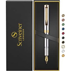 Scriveiner Luxury EDC Fountain Pen (Medium) Heavy Pocket Fountain Pen with 24K Gold, Schmidt Nib 18K Gold Plated Converter, Writing Instrument Gift Set for Men & Women, Great Office Designer Pen