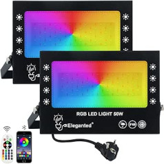 Elegants RGB LED prožektors 50 W, 2 RGBW krāsu maiņas prožektors ar tālvadības pulti un lietotņu vadību, IP66 ūdensizturīgs āra prožektors, krāsains prožektors, aptumšojams dārzam, ballītei, kokam, noskaņojumam