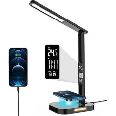 LASTAR galda lampa Smart 18W bezvadu uzlādējamas LED galda lampas, USB uzlāde, 5 spilgtuma līmeņi, 5 krāsu temperatūras, pastāvīgs kalendārs, modinātājs un atmiņas funkciju galda lampa