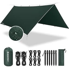 Bessport Tent Tarp, Camping Tent Tarp 3 m x 3 m / 3 m x 4 m Waterproof PU3000 mm Tarp for Hammock, with Eyelets & 6 Aluminium Pins & 8 Nylon Ropes, Anti-UV Suitable for Camping, Picnic, Hammock