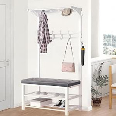 4-in-1 Coat Rack with Bench, Coat Stand with Shoe Rack and 14 Hooks, Metal Coat Rack with 2 Shelves, Robust Coat Rack for Hallway Living Room, 100 x 33 x 170 cm (80 cm, White Grey)