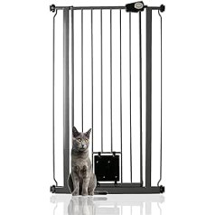 Bettacare naminių gyvūnėlių vartai su užrakinamu kačių atvartu, 68,5–75 cm, šiferio pilka, 104 cm aukščio, ypač aukšti šunų saugos vartai su katės atvartu, lengvas montavimas