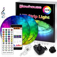 Aukščiausios kokybės LED juostiniai šviestuvai Bluetooth 2022 modelis Glowhouse UK – 20 metrų RGB spalvų keitimas su nuotolinio valdymo pultu ir programų valdymu Super Bright SMD 5050 LED pilnas rinkinys – muzikos sinchronizavimas