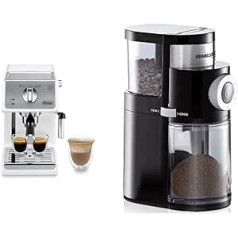 De'Longhi Active Espresso Portafilter ECP 33.21.W – White & Rommelsbacher EKM 200 kafijas dzirnaviņas – aromātiska disku dzirnaviņas, 110 vati, melna