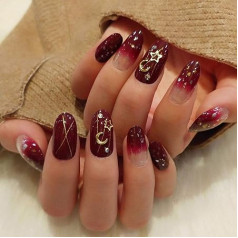 Sethain Oval False Nails Chic Sparkle Wine Gradient Moon Star Full Cover Pack of 24 Fake Nails for Women and Girls