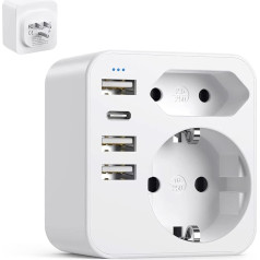 Adapter USA Germany Plug with 3 USB 1 USB C (3.4 A), with 2 Sockets, 6-in-1 USA Adapter Socket, Travel Adapter Type B Socket Adapter for America, Canada, Thailand, Mexico
