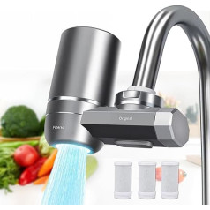 Activated Carbon Water Filter Tap, Kitchen Filter Tap with Blue Light, Water Filter Drinking Water, Tap Filter for Drinking Water, Reduces Lead/Chlorine, Remove 17 Substances, 3 Cartridges Included