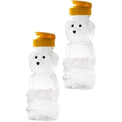 2 x 237 ml plastikiniai medaus buteliukai, tuščias medaus buteliukas su atlenkiamu dangteliu, skirtas laikyti ir dozuoti, geltoni atlenkiami dangteliai, skirti laikyti ir dozuoti česnakų presus, maistą ir pramogas.