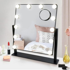 Depuley Mirror with Lighting, Hollywood Make-Up Mirror with 3 Colour Light Conversion, 360° Rotatable, 12 Dimmable LED Lights, Black Cosmetic Mirror with Light for Make-Up, Shaving, Dressing Table,