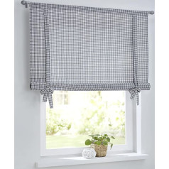 Cottage Checked Roman Blind with Drawstring for Curtain Poles, Country House Curtain Kitchen Checked White/Grey, Tie Curtain, Roll Curtain, Width 100 cm x Height 100 cm