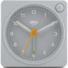 Braun Classic analogue travel alarm clock in compact size with snooze function and lighting, quiet quartz movement and swelling alarm beep in grey, model BC02XG