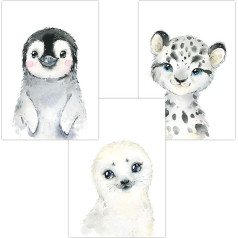 3 sienu attēlu komplekts bērnu istabai, Dekoratīvie plakāti, Mākslas druka, DIN A4 W11 3 pingvīnu komplekts, Sniega leopards