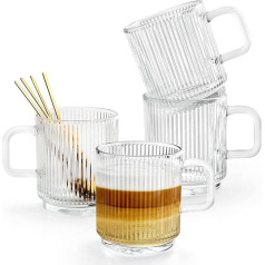 Gutsdoor caurspīdīga stikla kafijas krūze, 12oz Classic Vertical Stripes stikla tējas krūze ar karotīti Latte, Espresso, Cappuccino, tējai, 4 gab. iepakojums