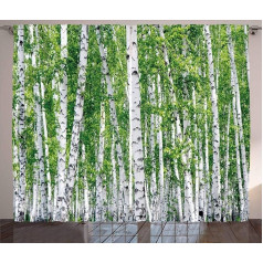 ABAKUHAUS Birch Rustic Curtain, Fresh Summer Leaves, Bedroom Ruffle Tape Curtain with Tabs and Hooks, 280 x 245 cm, Green, White, Black