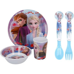Frozen II varoņi 5 gab. krāsains BPA nesaturošs melamīna trauku komplekts bērniem - šķīvis, bļoda, krūze, karote un dakša (Frozen II)