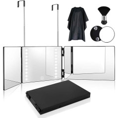 3 Way Mirror, 360 Degree Mirror Self Tapping Adjustable Brightness Portable Tri-fold Mirror with Height-Adjustable Telescopic Hook, Includes Black Apron, Face Magnifier