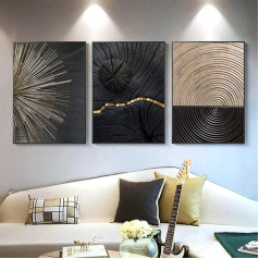 3 Panel Wall Art Prints Poster Modern Nordic Wall Painting Design Picture Black Gold Annual Ring Line Decoration Painting for Home Living Room Decor