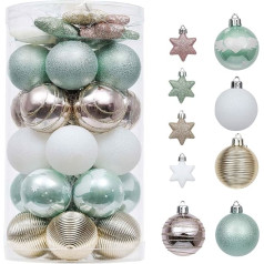 Valery Madelyn Christmas Baubles, 35 gabali, 5 cm plastmasas eglīšu rotājumi ar zvaigžņu piekariņu, elegantas pils motīvs, piparmētru zaļš, rozā, zelta krāsā