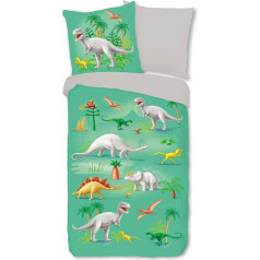 ESPiCO Gultas veļa Sleep and Dream Dino Green Dinosaur Reptiles T-Rex Velociraptor Animal Motif Children Renforcé, izmērs: 135 cm x 200 cm