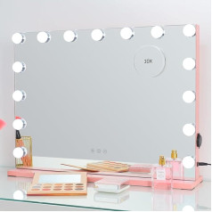 2-FNS tualetes spogulis ar 15 LED spuldzēm, Holivudas grima spogulis, 3 krāsu apgaismojuma režīmi, piestiprināms pie galda vai sienas, USB uzlādes ports, 58 cm x 46 cm, rozā krāsā