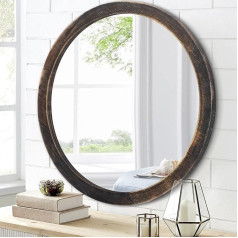 JJUUYOU Circle Wall Mirror 40cm koka apaļš sienas spogulis vannas istabai Rustic Black Round Mirror Washroom Wall Mounted Wooden Frame Makeup Mirror for Living Room Bedroom