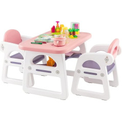Costway 3 dalių vaikiškų sėdmaišių rinkinys, vaikiškas stalas su 2 kėdutėmis, rašomojo stalo rinkinys su laikymo skyriumi skaitymui, piešimui, rašymui ir amatams, vidaus baldai vaikams su lentyna 1-5 vietoms