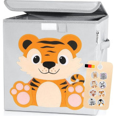 Elb Finesse ® Bērnu glabāšanas kaste, mīļi dzīvnieku pasaules motīvi, īpaši izturīga rotaļlietu kaste ar vāku bērnu istabai, rotaļlietu kaste (33 x 33 x 33) glabāšanai, organizatora kaste, (Timmi Tiger)