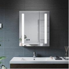 Elegant Vonios veidrodinė spintelė su apšvietimu ir skustuvo lizdu, 600 x 700 mm, šviečiantis LED veidrodis su nerūdijančio plieno spintele, LED vonios kambario spintelė