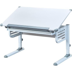 Inter Link Reguliuojamo aukščio rašomasis stalas - vaikiškas rašomasis stalas - moksleivių rašomasis stalas - stumdomas stalčius - pakreipiamas stalviršis - lentyna mokykliniam krepšeliui - metalinė pilka/balta spalva - skalarai