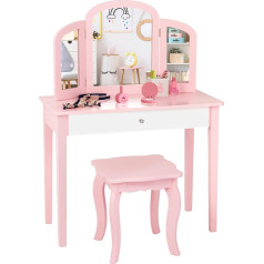 Dreamade Bērnu tualetes galdiņš ar tabureti un noņemamu spoguli, princeses tualetes galdiņš, kosmētikas galdiņš, bērnu grima galds ar priedes koka kājām bērniem meitenēm (rozā)