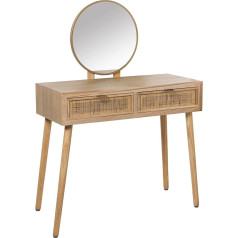 DRW Dressing Table with 2 Drawers MDF and Rattan with Mirror in Natural 90 x 40 x 125 cm, Height 78 cm, Mirror 45 cm