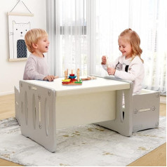 Benarita Toddler Table and Chair Set, Multifunctional Activity and Learning Table for Children, Plastic with 2 Stools, Children's Desk and Chairs for Preschool Children (White Grey)