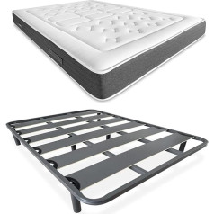 Duérmete Online DUÉRMETE ONLINE Bio Nature Full Bed with Memory Foam Mattress + Reinforced Slatted Frame 40 x 30 mm with 6 Metal Feet, Alloy Steel, Grey, 135 x 190 cm