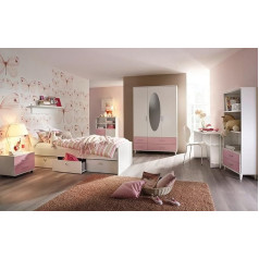 Generisch Rauch Möbel Aik Children's Room in White and Pink, 7-Piece Complete Set with Wardrobe, Youth Bed with Drawers and Bedside Table, Desk, Chest of Drawers and Shelves